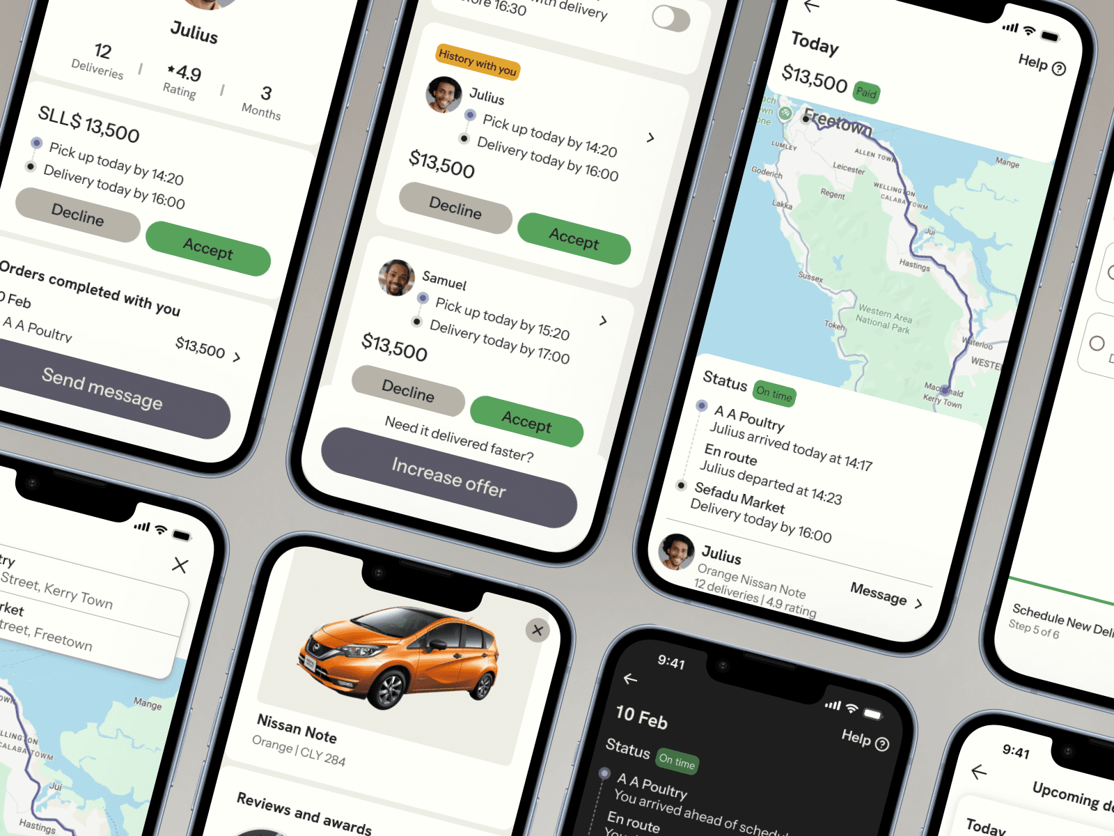 Freight App — mobile screens showing delivery scheduling and route preview