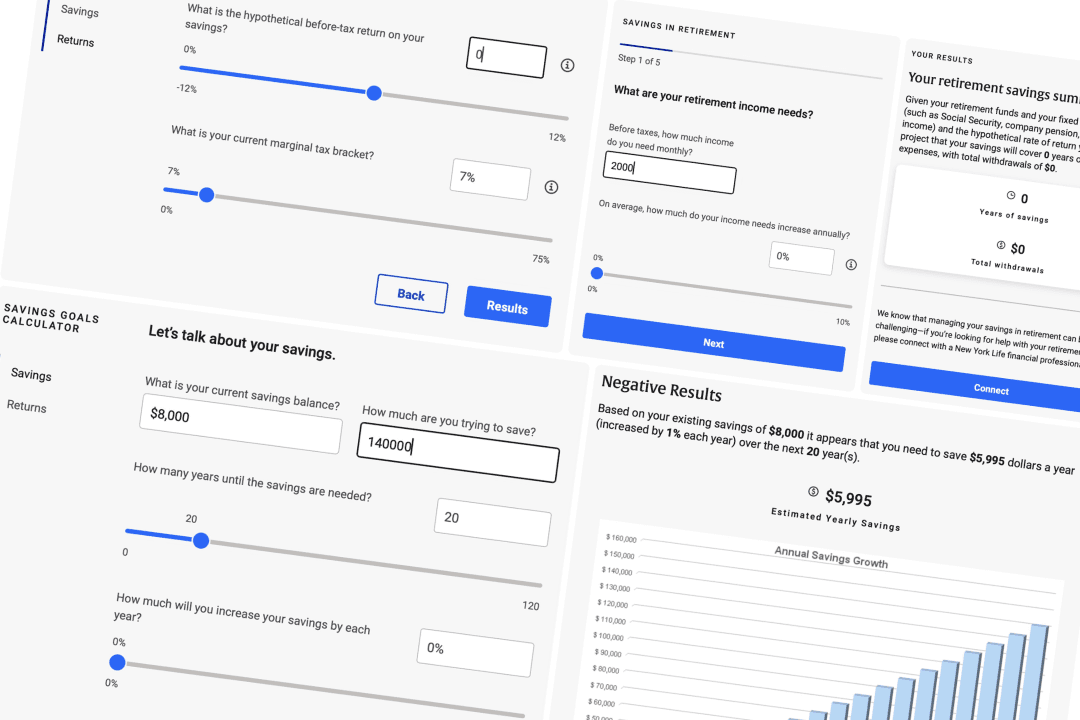 New York Life — financial planning calculator redesign screens