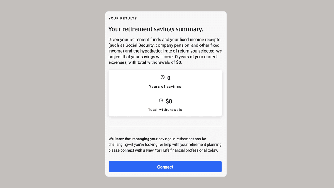 NYL Calculator — results page with the advisor CTA anchored at the bottom, appearing after the user has seen their outcome