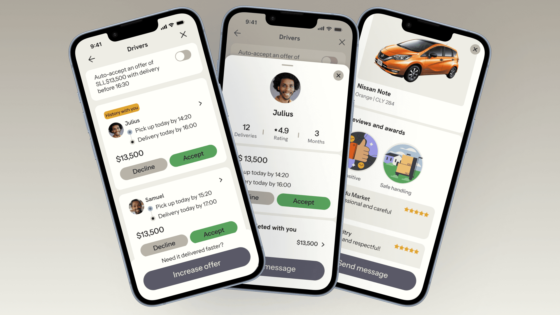 Driver Offers and Profiles: three screens showing driver cards with accept/decline options and driver profiles