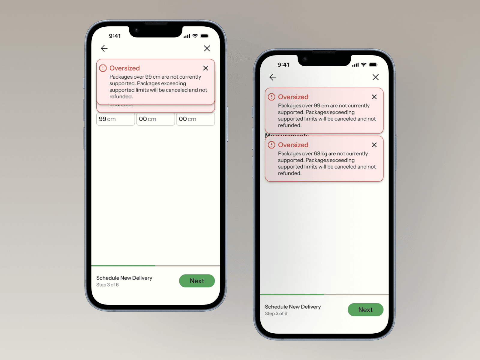 Error message components: oversized package error banners