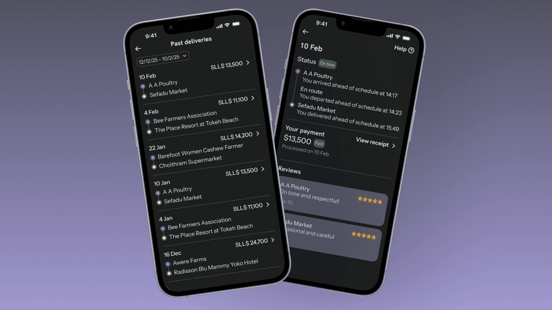 Driver Past Deliveries in dark mode: delivery history and detail with payment status