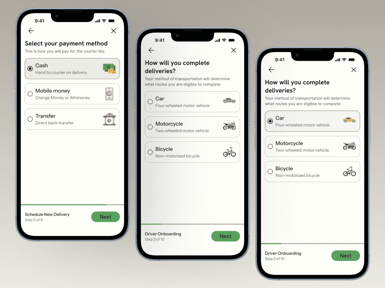 Radio button components: payment method and transport selection screens