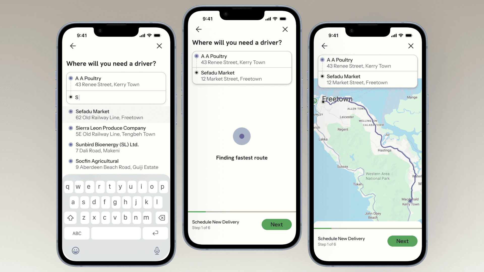 Route Selection and Preview: address search and live route map