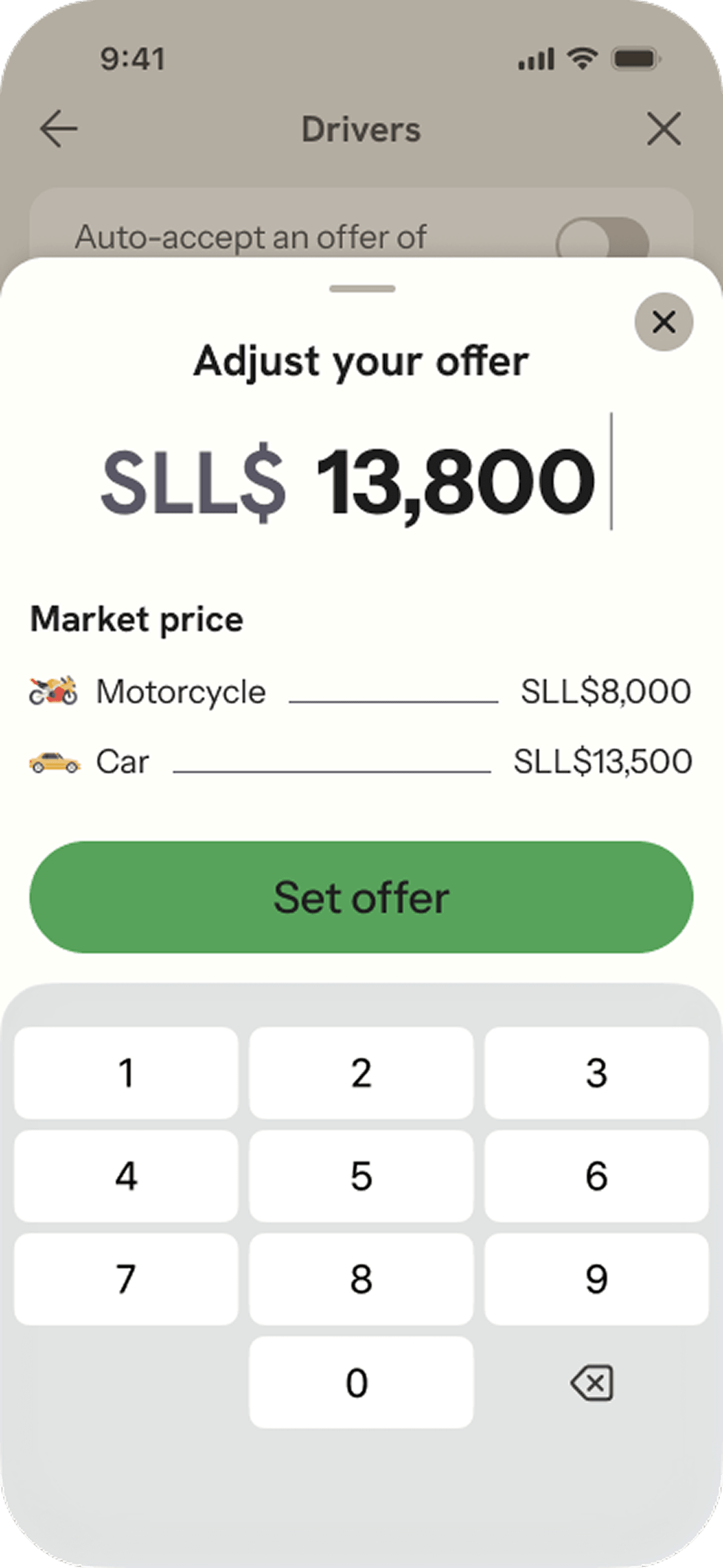Price negotiation screen — SLL$ 13,800 offer, keypad, market price comparison