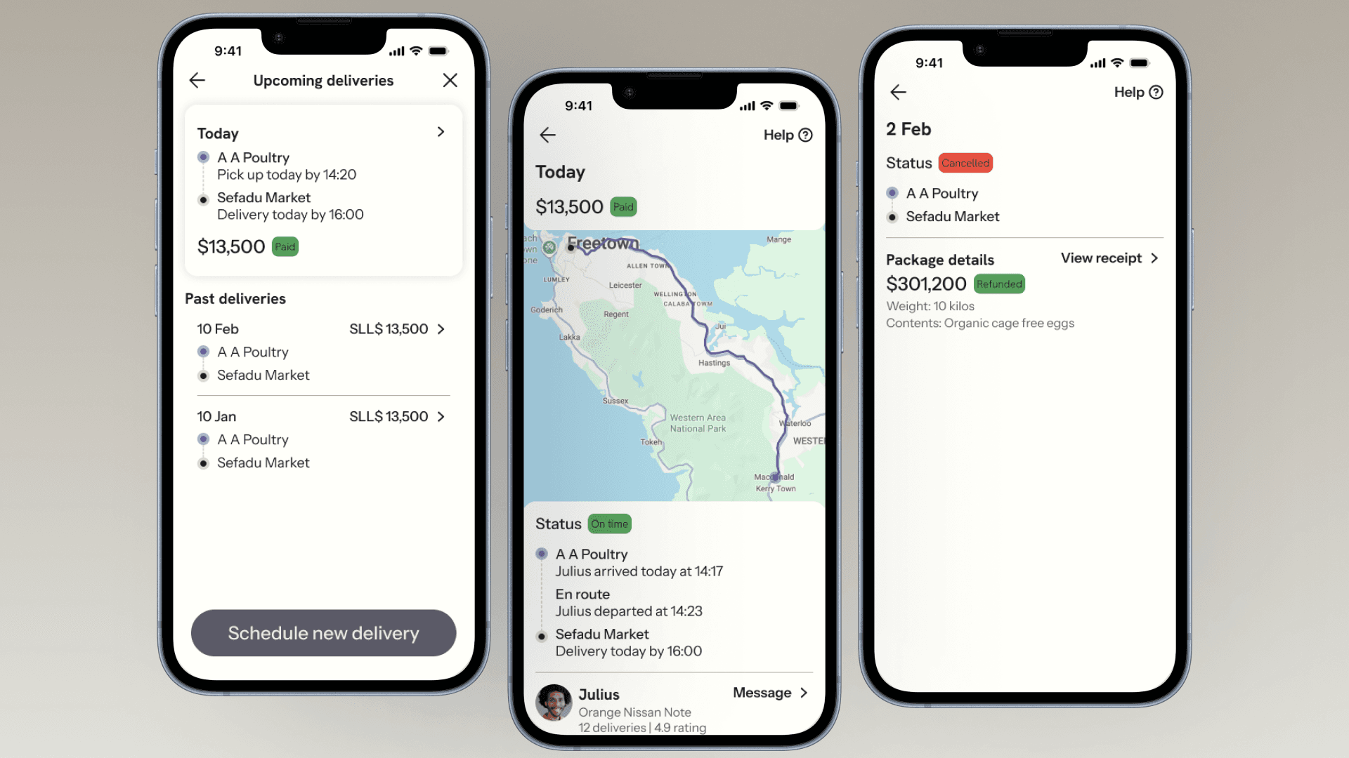 Upcoming Deliveries: delivery list, live route map, and delivery detail